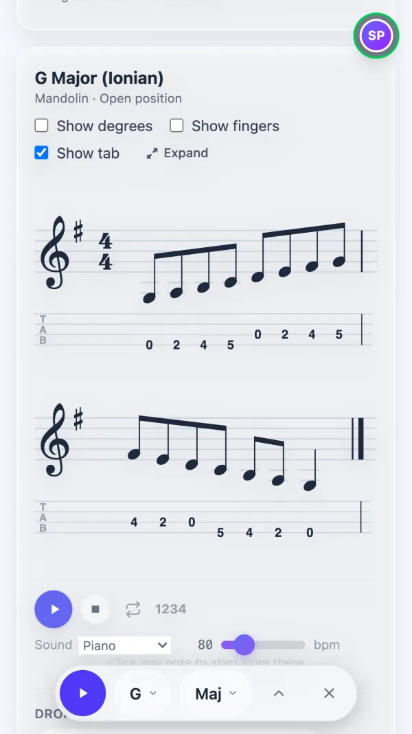 A G major scale in notation and mandolin tab on a phone