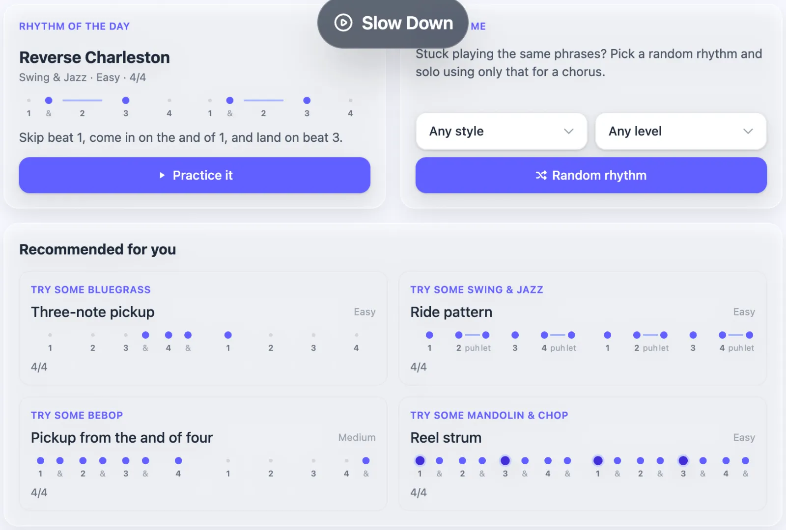 The Rhythm Trainer with a rhythm of the day and recommended rhythms